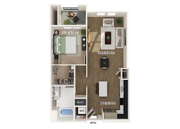 Floor Plan  a stylized One bedroom floor plan image at West Village Poway Apartments in Poway CAplan with a bedroom and a bathroom