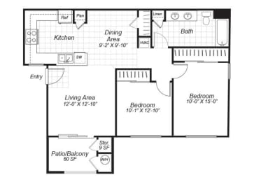 Floor Plan  Two bedroom one bathroom A2 floor plan at Bristol Apartment Homes in Dixon, CA