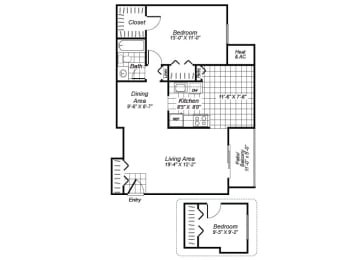 Floor Plan  two bedroom one bathroom floor plan image at Oakfield Apartments