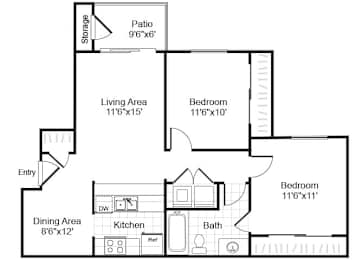Floor Plan  Two bedroom floor plan image at Valley Trails Apartments in Irving TX