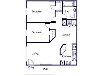 Floor Plan  A floor plan of a house with two bedrooms, a living room, a kitchen, a bathroom, a dining area, and a patio.