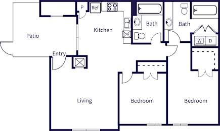 Floor Plan  A floor plan of a house with a living room, kitchen, two bathrooms, and three bedrooms.