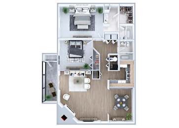 Floor Plan  Two bedroom floor plan Loft Model Living Room and Fireplace at Sky Rock Apartments in Longmont CO