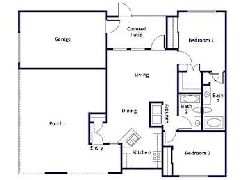 Floor Plan  A floor plan of a house with a garage, two bedrooms, a living room, a dining room, a laundry room, and two bathrooms.