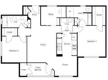 Floor Plan  A floor plan of a house with two bedrooms, a study, a kitchen, a dining area, a living room, a bathroom, a laundry area, and storage.