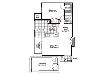Floor Plan  two bedroom one bathroom floor plan image at Oakfield Apartments