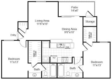 Floor Plan  Two bedroom floor plan image at Valley Trails Apartments in Irving TX