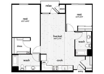Floor Plan  Two bedroom floor plan at GEO Apartment in Fremont CA