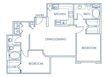 Floor Plan  Two bedroom floor plan at Caprielle Apartments in San Diego CA