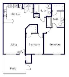Floor Plan  A floor plan of a house with a kitchen, two bathrooms, two bedrooms, a living room, and a patio.
