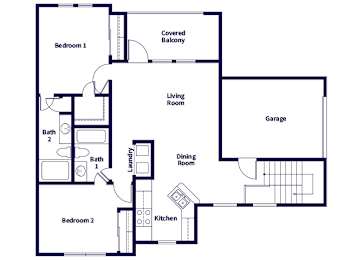 Floor Plan  A floor plan of a house with two bedrooms, a living room, a dining room, a kitchen, two bathrooms, and a garage.