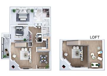 Floor Plan  Two bedroom floor plan loft Loft Model Living Room and Fireplace at Sky Rock Apartments in Longmont CO