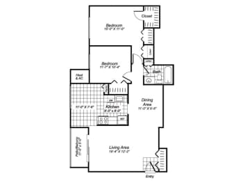 Floor Plan  two bedroom one bathroom floor plan image at Oakfield Apartments