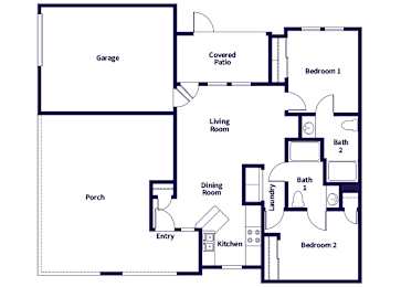 Floor Plan  A floor plan of a house with a garage, two bedrooms, a living room, a dining room, a kitchen, a laundry room, and a porch.
