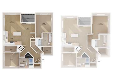 Floor Plan  A floor plan of a two-story apartment with a living room, kitchen, and bedrooms.