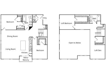 Floor Plan  Three bedroom floor plan at Riverpark Apartments in Redmond WA