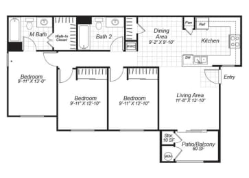 Floor Plan  Three bedroom two bathroom B2 floor plan at Bristol Apartment Homes in Dixon, CA