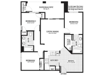 Floor Plan  three bedroom one bathroom B2 Floorplan at Muirlands at Windemere in San Ramon, CA