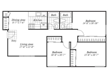 Floor Plan  three bedroom floor plan at Ridgemoor apartments