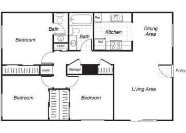Floor Plan  three bedroom floor plan at Westchester Park apartments