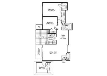Floor Plan  Three bedroom one bathroom C1 Floorplan at Oakfield Apartment Homes in Wheaton MD