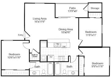 Floor Plan  Three bedroom floor plan image at Valley Trails Apartments in Irving TX