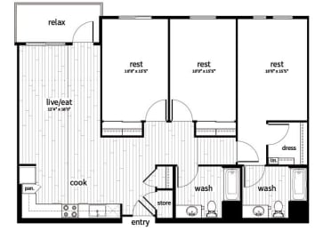 Floor Plan  Three bedroom floor plan at GEO Apartment in Fremont CA