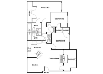 Floor Plan  Three bedroom Floor plan Image at Cypress View Villas Apartments in Weatherford, TX