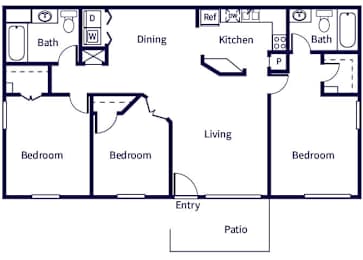 Floor Plan  A floor plan of a house with a living room, dining room, kitchen, and four bedrooms.