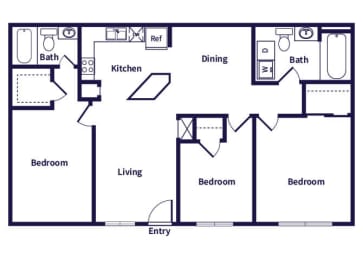 Floor Plan  three bedroom layout at Dayton Park Apartments in Dayton TX