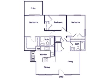 Floor Plan  Three bedroom two bathroom floor plan image at Riverwoods at Towne Square in Woodbridge VA