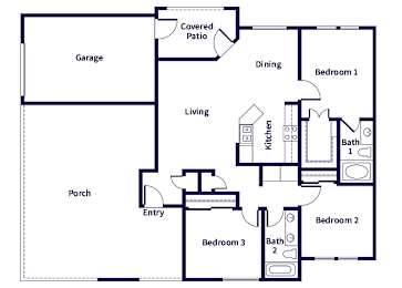 Floor Plan  A floor plan of a house with a garage, living room, kitchen, dining room, and three bedrooms.