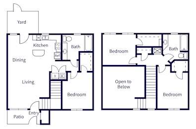 Floor Plan  A floor plan of a house with two bedrooms, a living room, a kitchen, a bathroom, and a patio.