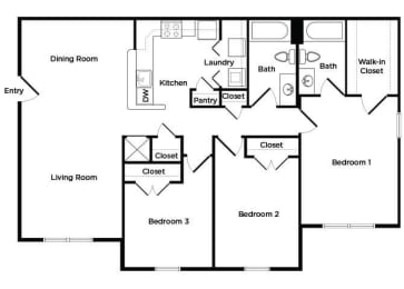 Floor Plan  Three bedroom floorplan image at England Run North Apartments in Frederickburg VA