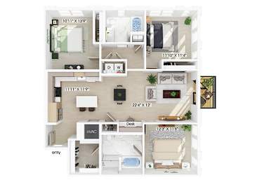 Floor Plan  Three bedroom floor plan at 333 Ellington in Gaithersburg MD