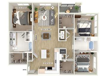 Floor Plan  Three bedroom floor plan at The Braydon Apartments in Napa CA