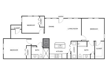 Floor Plan  Three bedroom apartment floor plan at Ironwood Crossing Apartments and Townhomes in Fort Worth TX