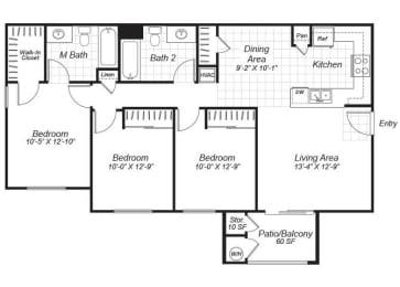 Floor Plan  Three bedroom two bathroom B2 floor plan at Bristol Apartment Homes in Dixon, CA