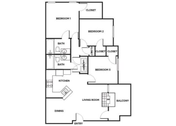 Floor Plan  Three bedroom Floor plan Image at Cypress View Villas Apartments in Weatherford, TX