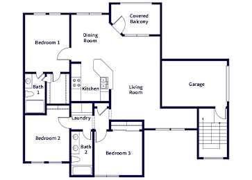 Floor Plan  A floor plan of a house with three bedrooms, a living room, a dining room, a kitchen, a laundry room, and a garage.