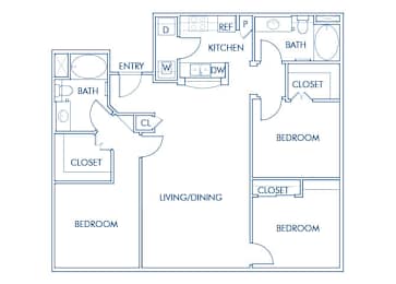 Floor Plan  Three bedroom floor plan at Caprielle Apartments in San Diego CA