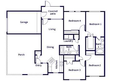 Floor Plan  A floor plan of a house with a living room, dining room, kitchen, four bedrooms, a garage, a covered patio, a laundry room, and a bathroom.