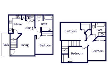Floor Plan  A floor plan of a house with a kitchen, dining room, living room, and bathrooms.
