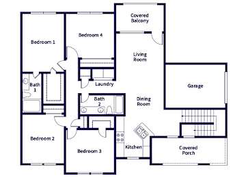 Floor Plan  A floor plan of a house with a living room, dining room, kitchen, and four bedrooms.