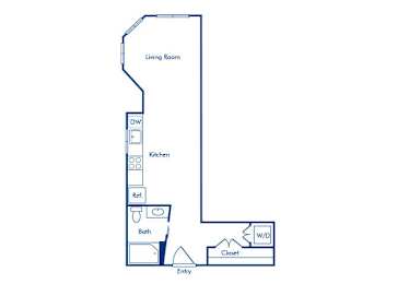 Floor Plan  A floor plan of a small apartment with a living room, kitchen, bathroom, closet, and entry.