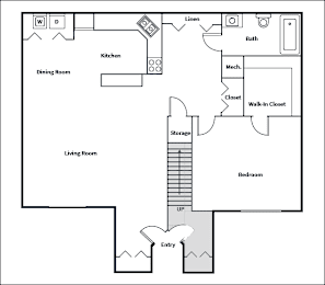 A floor plan of a house with a kitchen, dining room, living room, and bedroom.