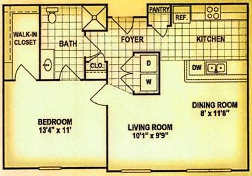 A floor plan of a house with a bedroom, living room, dining room, kitchen, and bathroom.
