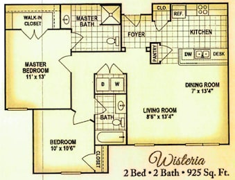 A floor plan for a 2 bedroom, 2 bath house with a total area of 925 square feet.