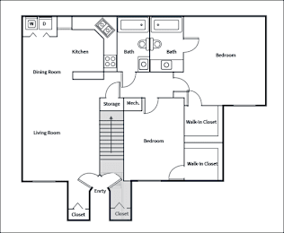 A floor plan of a house with a kitchen, dining room, living room, two bathrooms, two bedrooms, an entry, two closets, and storage and mechanicals.