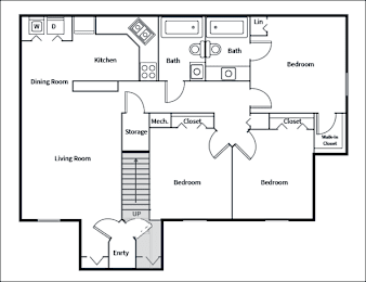 A floor plan of a house with a kitchen, dining room, living room, two bathrooms, two closets, a mech storage, and two bedrooms.